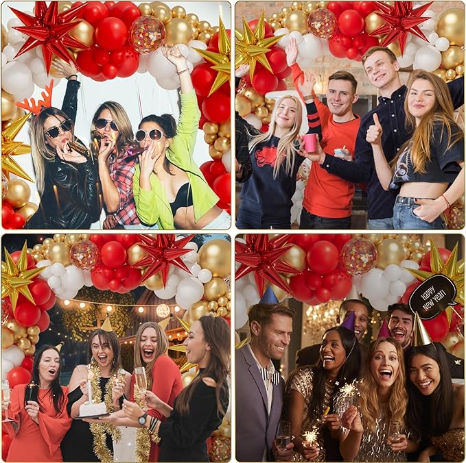 Bonropin Red White and Gold Balloon Garland Arch Kit 158pcs with Red and Gold Confetti Balloons, Star Foil Balloons, for New Year Graduation Anniversary Birthday Party Decorations