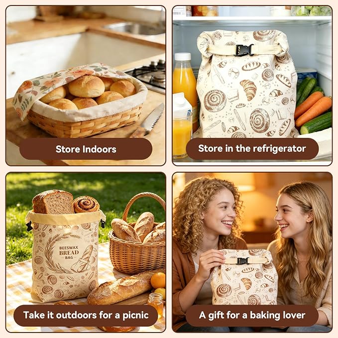 2 Pack Beeswax Sourdough Bread Bags for Homemade Bread (2 Pack + 1 Wrap) -17"x13" Reusable Cotton Beeswax Bread Bag with Lock Closure, Non-Flaking & Breathable for Fridge