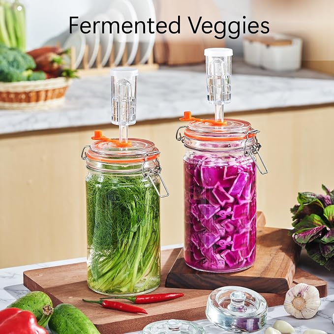 JILLMO 1 Liter Fermentation Jar, Glass Fermenting Kit with Weight for Making Sauerkraut, Hot Sauce, Mead, Cider and More, Pack of 2