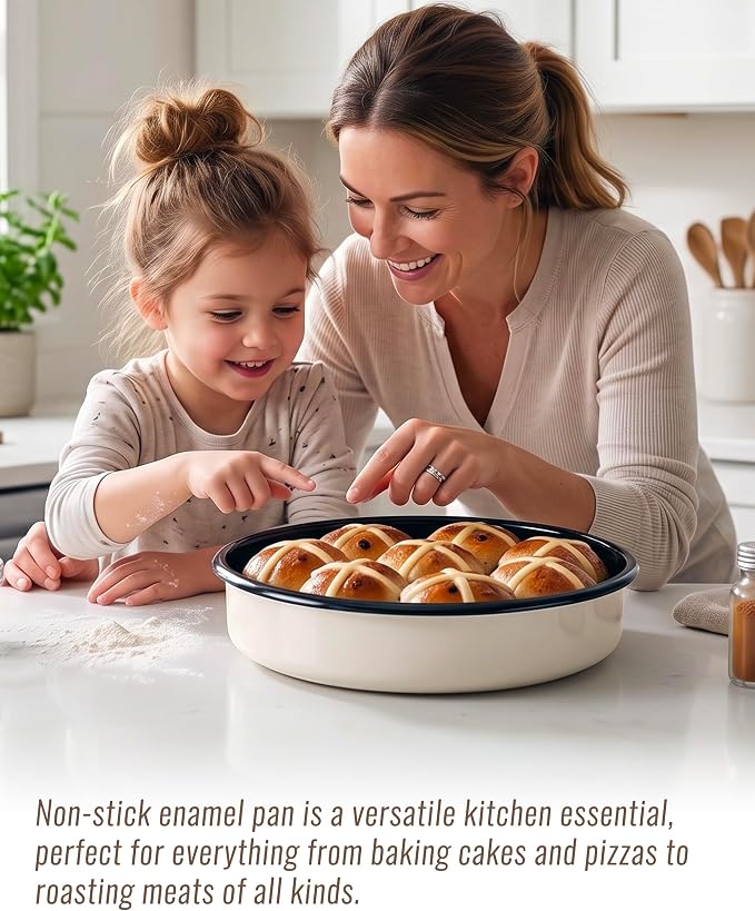 10 inch Enamel Cake Pan Round Roasting Pan Roaster Tray Non-Stick High Temperature Resistance Cookware for Baking Bread Pie, Easy-To-Clean Oven Dishwasher Safe Birthday Gift Pan