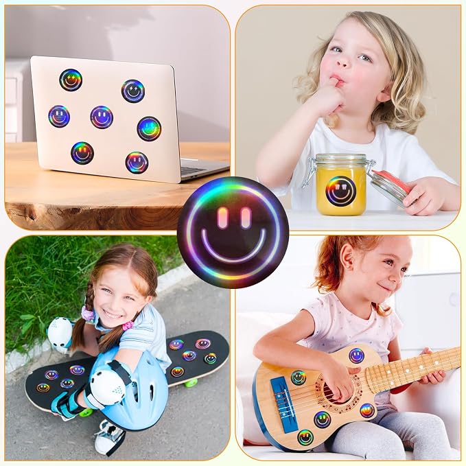 50PCS Smiling Neon Holographic Stickers, Cute Water Bottle Stickers for Kids, for Teaching Rewards, Notebooks, Stationery, Luggage, Cartoon PVC Happy Neon Stickers