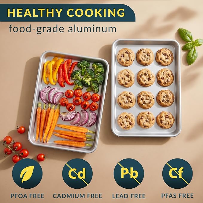 Baker’s Signature 13" x 9" Aluminum Cookie Sheets for Baking Set of 2, Quarter Baking Sheet Pans - Anti-Warp, Reinforced Encapsulated Steel Rim, Easy to Clean