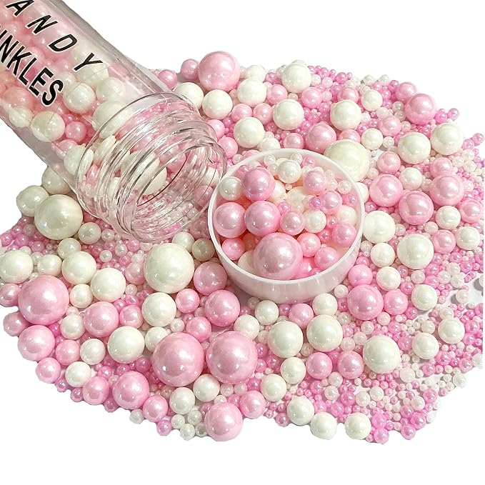 Sprinkles Edible Pink White Pearl Sugar Sprinkles Candy 142g/5.01oz Mix Size Pink White Pearls Baking Cupcake Toppers Cookie Ice Cream Decorations for Wedding Parties Valentines Day