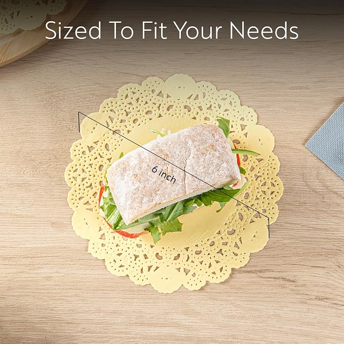 Pastry Tek 6 x 6 Inch Paper Lace Doilies, 100 Disposable Table Doilies - Elegant Lace Finish, Long Lasting, Yellow Paper Doily, for Pastries, Cupcakes, Desserts - Restaurantware