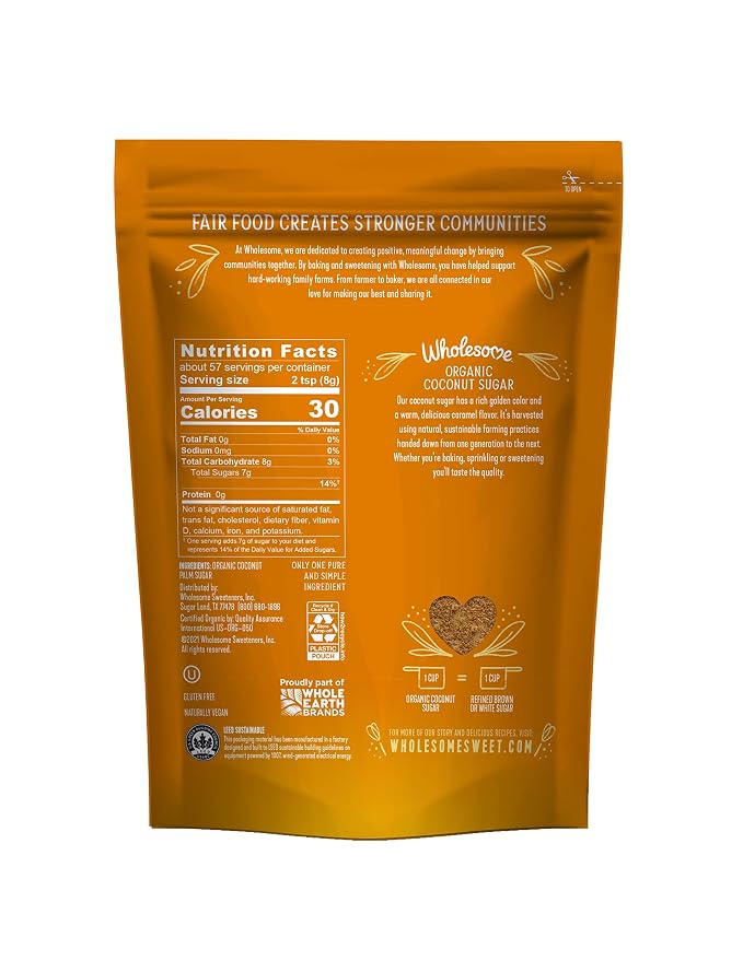 Wholesome Sweeteners 16-Ounce Organic Coconut Sugar, Non GMO, Gluten Free & Vegan Sweetener, for Baking, Sauces, and Smoothies, 1 Pack
