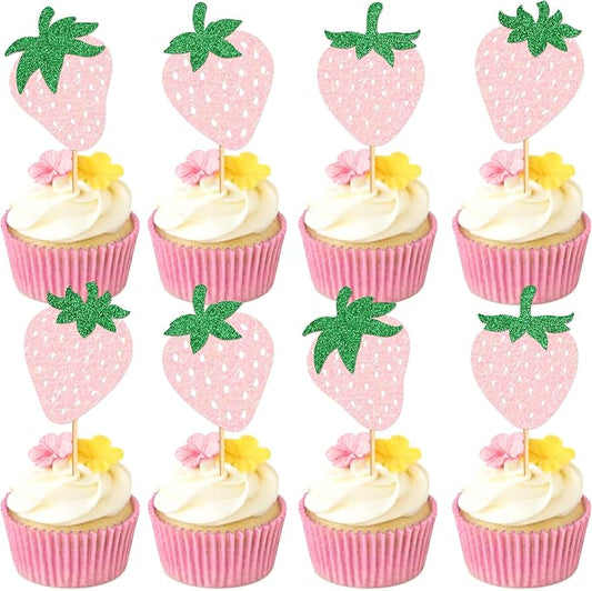 24pcs Glitter Pink Strawberry Cupcake Toppers Berry Strawberry Cupcake Picks for for Strawberry Baby Shower Kids Girls Pink Birthday Sweet Fruit Theme Party Cake Decorations