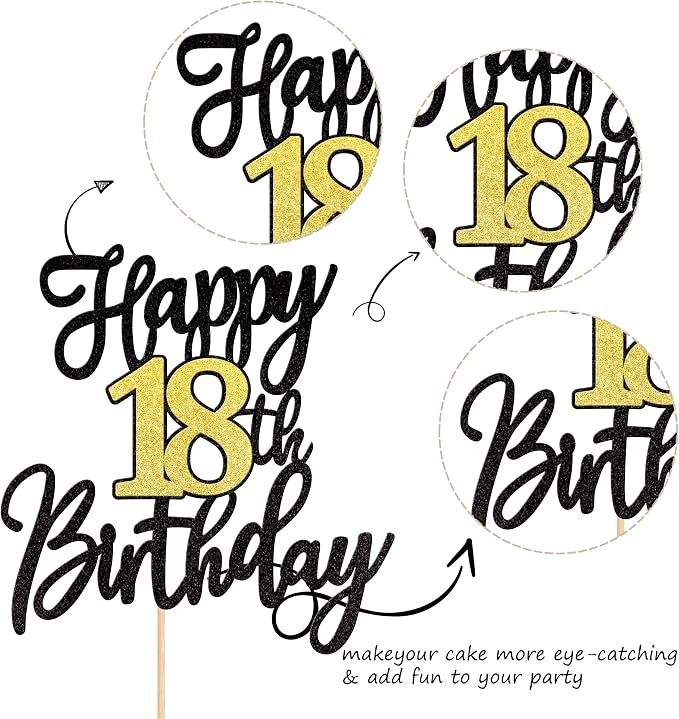 1 PCS Happy 18th Birthday Cake Topper Black Gold Glitter Cheers to 18 Years Birthday Cake Pick 18 Fabulous Cake Decoration for Happy 18th Birthday Anniversary Party Cake Decorations Supplies