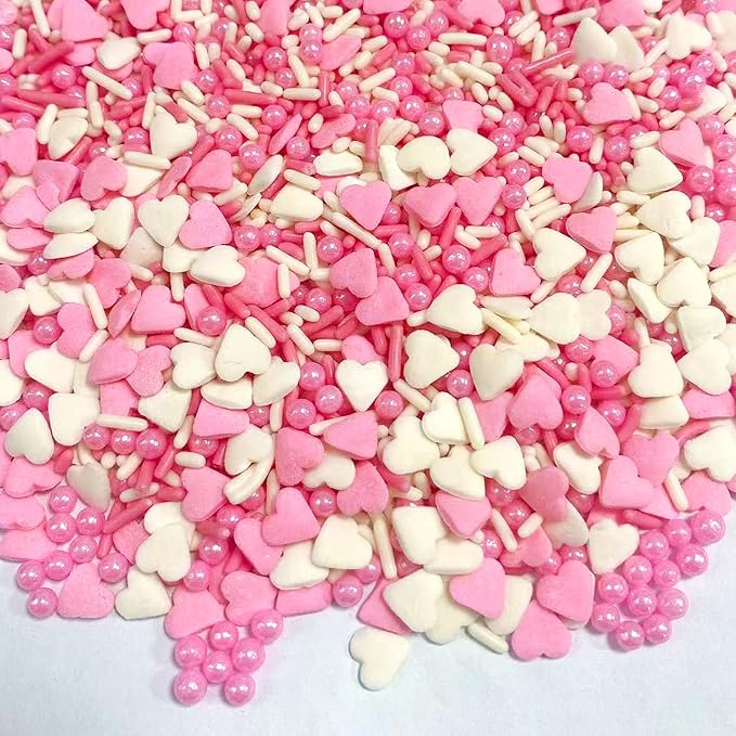 PhilaeEC Vanlentine Sprinkle Edible for Cake Decoration Pink and White Heart Confetti Jimmies Peals Mix Cake Baking Cookie Cupcake Toppers Decoration Vanlentine Wedding Supplies