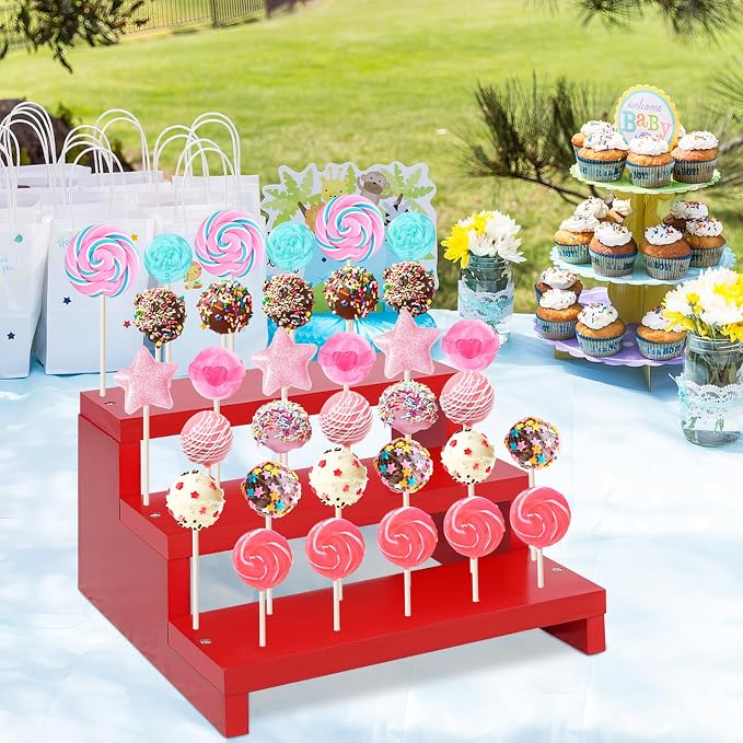 Cake Pop Stand, 3 Tier Wood Cake Pop Holder Display Risers with Twist Ties Lollipop Sticks, 33 Hole Lollipop Holder for Dessert Table of Wedding Birthday Party (Red-1P)