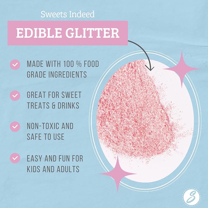 Sweets Indeed Pink Edible Glitter – Valentines Day Food-Grade Drink & Baking Shimmer for Cocktails, Beverages, Cakes & Desserts – 4 gram jar