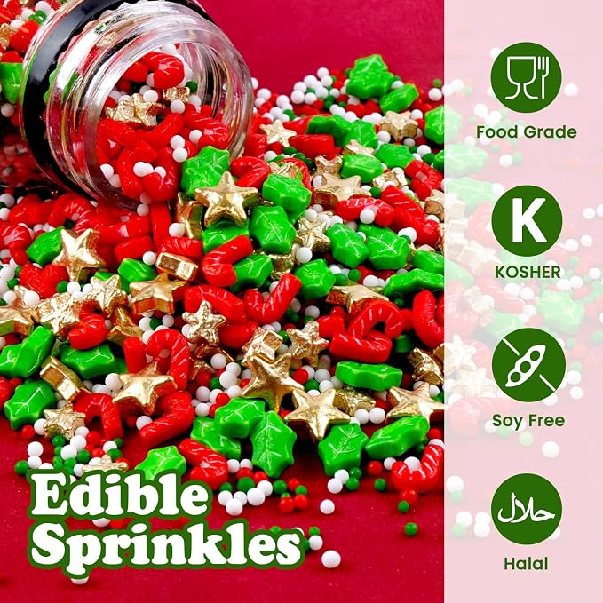 Christmas Sprinkles, Edible Christmas Sugar Sprinkles for Cake Decorating, Cupcake, Cookies, Baking Cake Topper Decorations, Holiday Party Supplies, Cane, Star, Tree, 180g/ 6.35oz