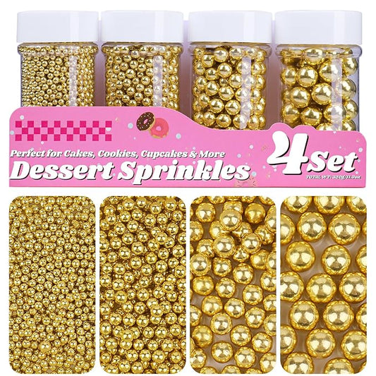 Gold Pearl Sprinkles for Cake Decorating, 11.3oz/320g Edible Pearls Sugar 4 Jars Set for Baking Cupcakes Cookies Ice Cream