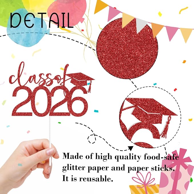 Class of 2026 Cake Topper, Congrats 2026 Cake Décor, Congrats Grad, Happy Graduation, High School/Senior/University Graduation Party Decorations Red Glitter