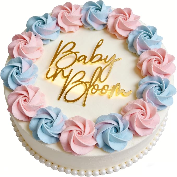 Baby in bloom Cake Topper,Gold Mirror Acrylic Baby shower cake sign Decorations,Gender Reveal Cake Decoration/Pregnancy Announcement/Baby Shower/Birth Announcement/Custom Baby Cake Topper