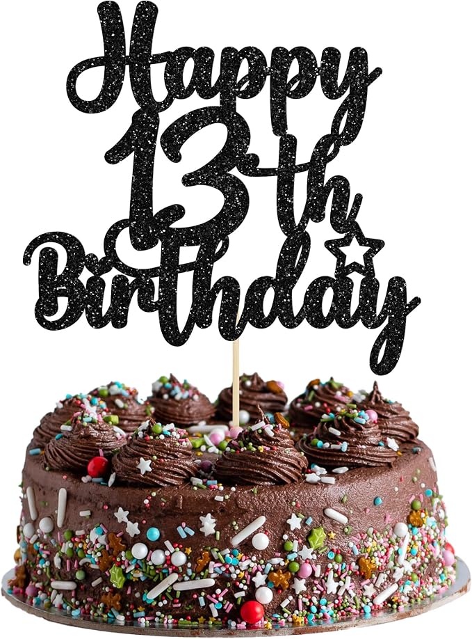 Gyufise 1Pc Happy 13th Birthday Cake Topper Glitter 13 & Fabulous Official Teenager 13 Birthday Cake Pick for Celebrating 13th Birthday Anniversary Party Cake Decorations Supplies Black