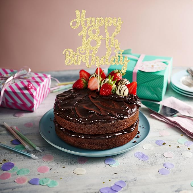 Gyufise 1Pc Happy 18th Birthday Cake Topper Glitter 18 & Fabulous Cheers to 18 Years Old Birthday Cake Pick for Celebrating 18th Birthday Party Cake Decorations Supplies Gold