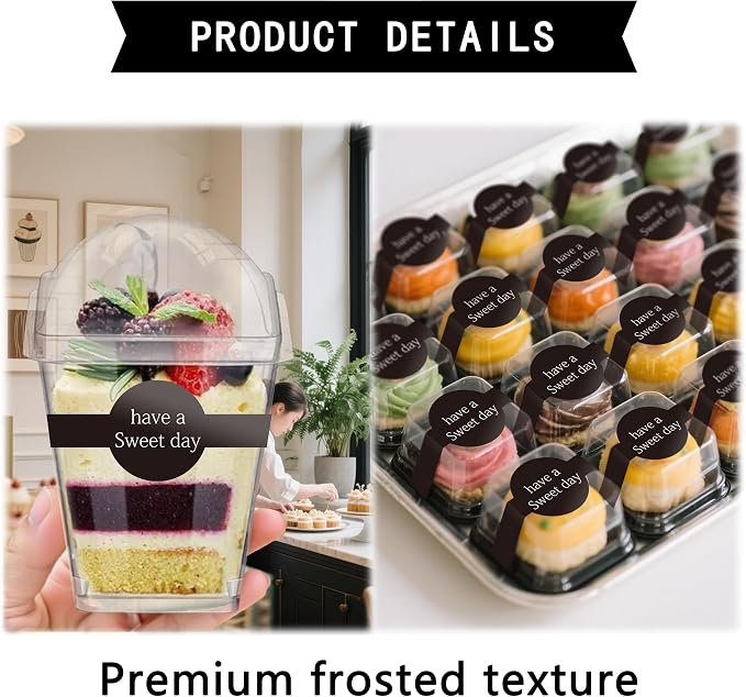 50 pcs Self-Adhesive Dessert Cup Sticker - 3.15x0.6 Inch Black Long Cake Decorative Seal Labels for Desserts, Cakes, Ice-Creams, Frosted Texture Premium DIY Packaging Protection