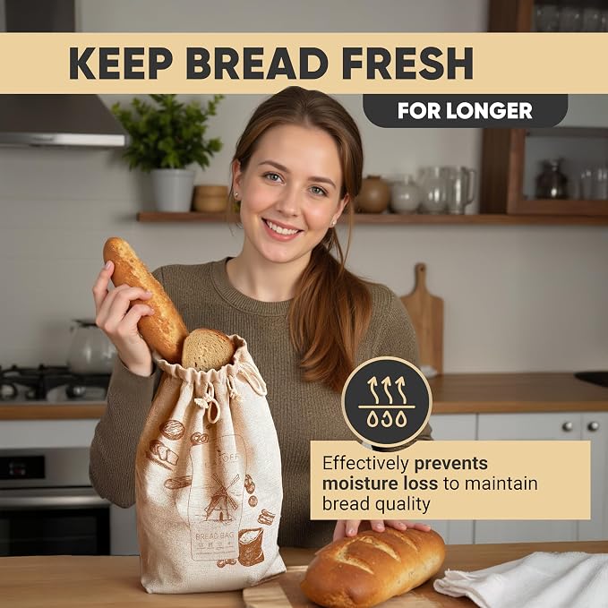 Reusable Linen Bread Bags, 2 Pack for Homemade & Sourdough | Cloth linen bread bags with BPA-free TPU liner and drawstring closure to keep homemade and sourdough loaves fresher