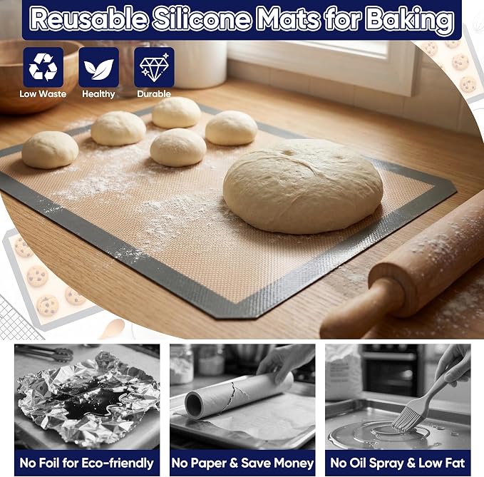 E-far Silicone Baking Mats, 15x11” Nonstick Reusable Silicone Mat for Kitchen Oven Baking Cookie Bread Pastry, 2-Pcs Food Grade Rectangle Silicon Baking Sheet, Heat-Resistant & Dishwasher Safe, Gray