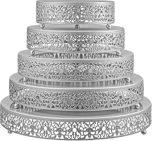 Wenqik 5 Pcs Metal Silver Cake Stand 16/14/12/10/8 Inch Round Cake Holder Display for Dessert Table Cookies Fruit Serving Tray Cupcake Pastry Riser for Wedding Birthday Party and Events