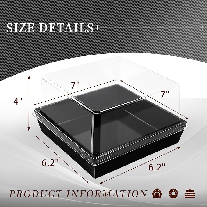7 x 7 x 4 Inches Paper Cake Boxes with Clear Lids, 50 Pack Black Large Charcuterie Square Food Containers, Halloween Day Disposable Bakery Boxes for 4-6 Inch Bundt Cake, Pie, Dessert