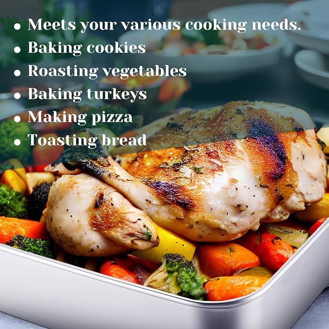Funnymoom 3 Pcs Baking Stainless Steel Pans with Lids and Cooling Racks 13/10.5/9.5 Inch Roasting Rectangle Sheet Full Size 2.3" Thick Heavy-duty for Cakes Bread Vegetables Dishwasher Safe