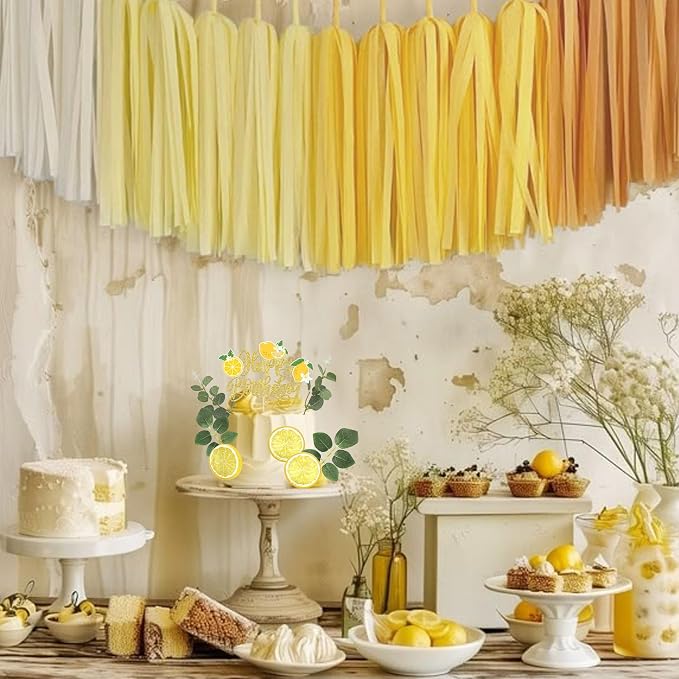 Rsstarxi Happy Birthday Cake Topper Decorations with Juicy Lemon Slices Leaves Cake Pick Decorations for Baby Shower Birthday Party DIY Cake Decorations