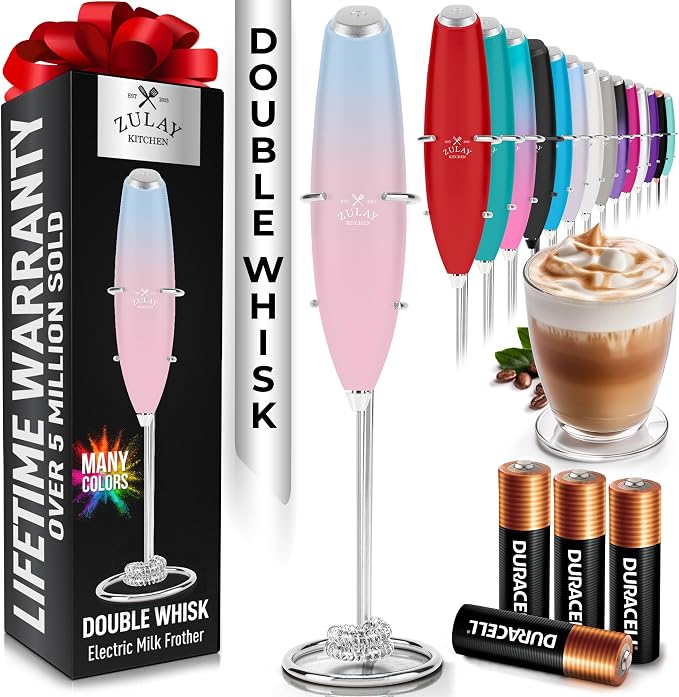 Zulay Kitchen Powerful Milk Frother Wand With Duracell Batteries - Ultra Fast Handheld Drink Mixer - Electric Whisk Foam Maker for Coffee, Lattes, Cappuccino & Matcha - Double Whisk - Lavender