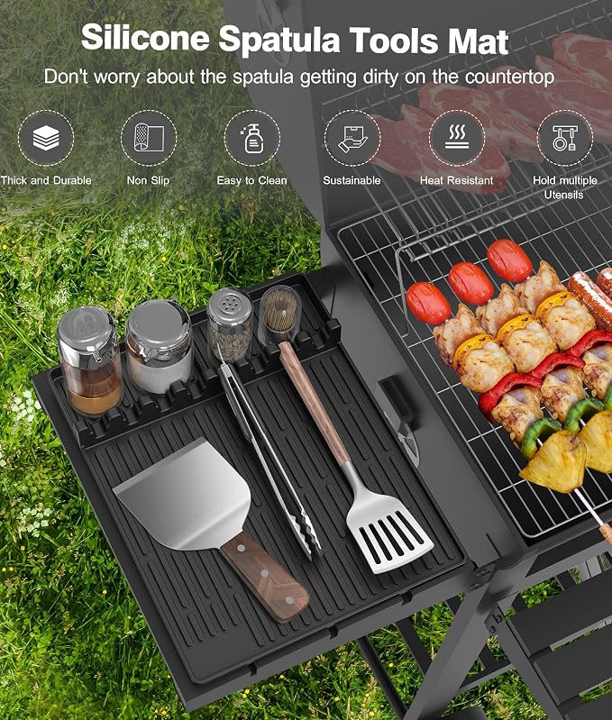 Silicone Griddle Tools Mat for Blackstone - Large Silicone Spatula Mat with Drip Pad - Griddle Mats BBQ Grill Accessories - Blackstone Griddles Accessories, Gifts for Men(Black)