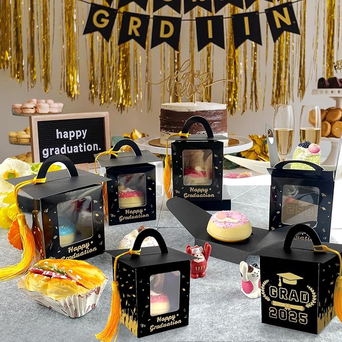 Graduation Cupcake Boxes Individual Cupcake Container Grad Cupcake Gift Boxes with Window for 2026 College Grad Party Bakery Wrapping (Black-30pc)