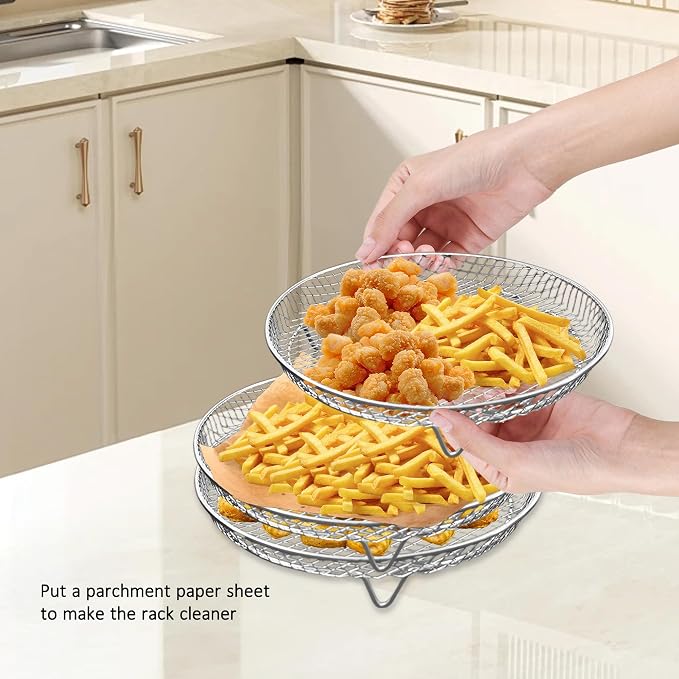 7.95 Inch Air Fryer Rack Set of 3 - Compatible with 4.2-5.8 QT Air Fryer, Stackable Stainless Steel Air Fryer Basket Accessories for Baking Oven Steamer, Round