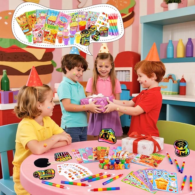 BenLouis 168 Pcs Fast Food Party Favors Food Coloring Books Bulk for Kids Classroom Pizza Birthday Gift Party Food Drink Candy Goodie Bag Fillers Donut Gift Decor Pinata Prize Activity Supplies