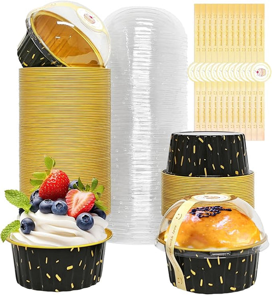 100 Pack 5oz Cupcake Pans with Dome Lids,5 oz Disposable Ramekin Cupcake Liners,Reusable Mini Muffin Case Dessert Containers for Birthday Wedding Party (Meteor Shower)