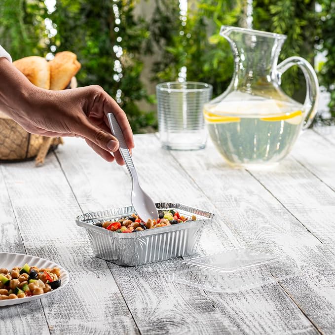 GUSTO 1 lb Disposable Aluminum Foil Takeout Pans with Clear Dome Lids, 5" x 4" – [50 Count] Great for Baking, Cooking, Storage, and Freezing (Formerly Comfy Package)