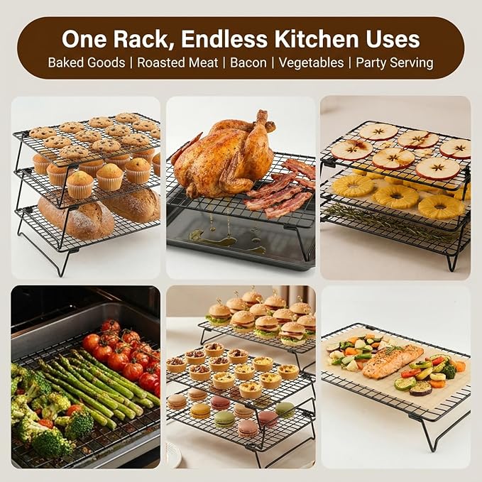 3 Pcs Stackable Cooling Racks with Collapsible Legs, Tiered Cooling Racks with 50 Sheets Baking Paper, 11.81 x 7.87 Inches, Collapsible Ventilation Holder for Cookies, Cakes, Roasting, Drying