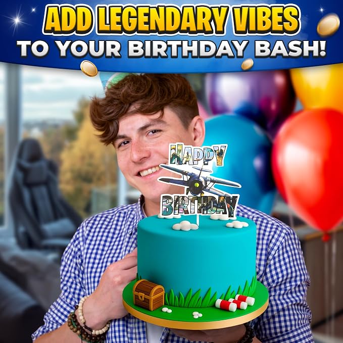 Video Game Cake Topper with 7 Action Figures & Large Logo - Sturdy Cardboard Cake Decorations, Easy Adjustment & Firm Installation - Creative Happy Birthday cake Toppers for Boys & Girls