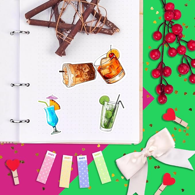 100Pcs Cocktail Stickers for Water Bottle and Laptop - Cocktail Party Supplies & Decorations, Waterproof Vinyl Decals, Drink and Fun Stickers, Gifts for Women & Men
