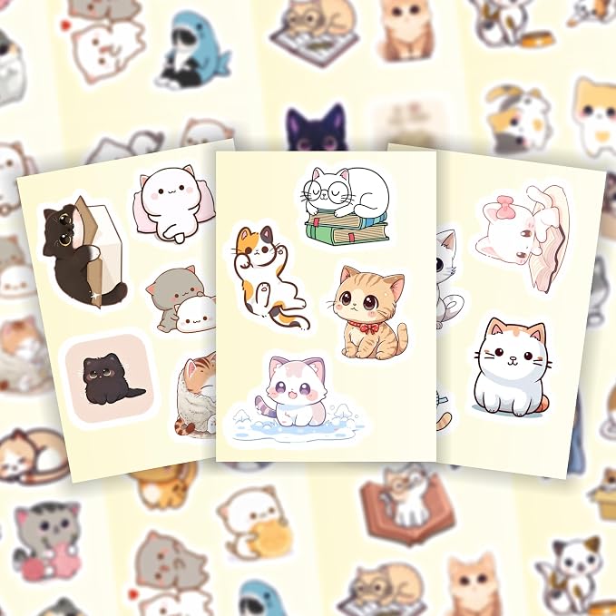 100Pcs Cute Cat Stickers Kawaii for Water Bottle and Laptop - Cute Cat Party Supplies & Decorations, Waterproof Vinyl Decals, Kawaii and Animal Stickers, Gifts for Women & Men