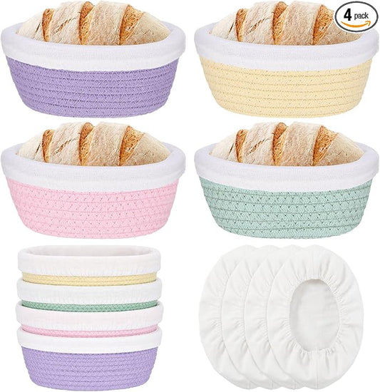 4 Pcs 6.7 Inch Bread Proofing Basket Set Cotton Rope Oval Banneton Basket Sourdough Bread with Liners Covers for Baking Supplies (Fresh Color)