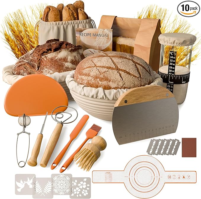 Sourdough Starter Kit, 9" Round and 9.7" Oval Banneton Proofing Baskets, Bread Baking Supplies with Glass Starter Jar, Dough Whisk, Bread Lame, Scrapers and Linen Liners