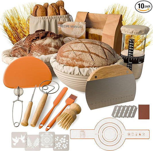 Sourdough Starter Kit, 9" Round and 9.7" Oval Banneton Proofing Baskets, Bread Baking Supplies with Glass Starter Jar, Dough Whisk, Bread Lame, Scrapers and Linen Liners