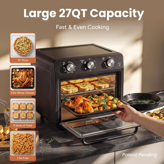 SMIRLY 6-in-1 Air Fryer Toaster Oven Combo, 27QT Convection Oven Countertop, 1800W Oven for Toast, Roast, Bake, Reheat, Broil, Warm, Fits up to a 4 lb Turkey, 12" Pizza, 6 Toast, Black