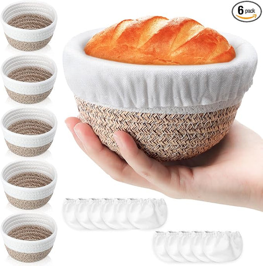 Honeydak 6 Pcs Cotton Rope Banneton Bread Proofing Basket Sets Round Sourdough Bowls with Two Liners for Artisan Sourdough Bread Making Handmade Kitchen Professionals (5",White, Brown)