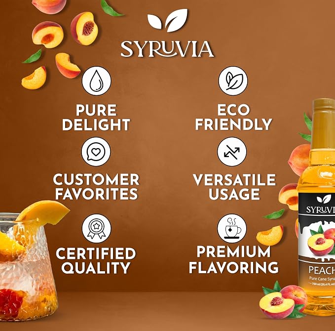 Syruvia Peach Syrup, Flavored Syrup for Cocktails, Fruit Drinks, Lemonades, and Desserts – 25.4 fl oz - with Pump