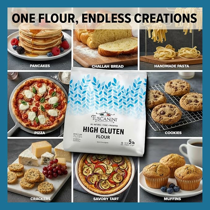 Tuscanini Italian High Gluten Flour, Premium Bread Flour, 5 lb (2.27 kg) | Ideal for Bread, Challah & Pizza Dough | Insect Free | All Natural, Pure, Presifted | Kosher