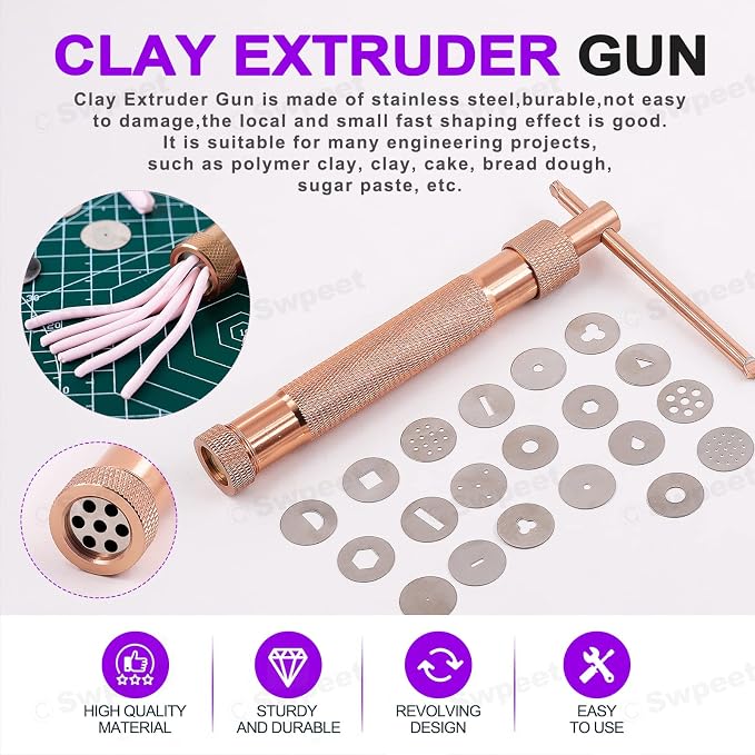 Swpeet 122Pcs Rose Gold Clay Extruder Gun and Fondant Cake Mold with Cookie Plunger Cutter Tool Polymer Clay Cutters Kit, Perfect for Clay Cake DIY Craft Cake Decorating Supplies Modeling Tool