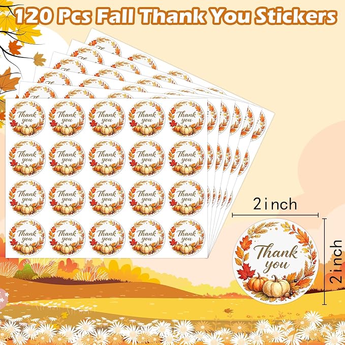 Louise Maelys 120Pcs Thank You Stickers Roll-2 Inch Autumn Thank You Sticker with Pumpkin & Leaf Pattern Labels for Thanksgiving, Gift, Party Favors, Small Business, Envelope,Holiday Decorations