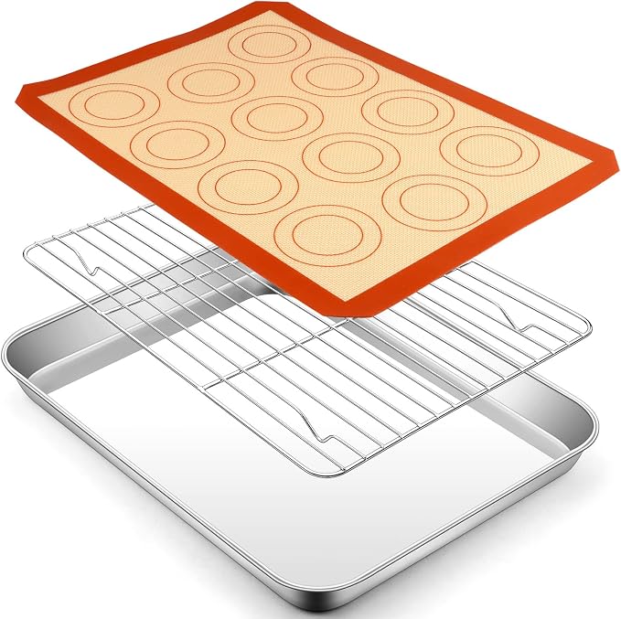 P&P CHEF 16 Inch Baking Oven Sheet Pan with Rack & Mat for Cookie, Stainless Steel Oven Sheet Tray Cooling Rack and Silicone Mat for Baking & Roasting, Dishwasher Safe & Healthy, 3Pcs