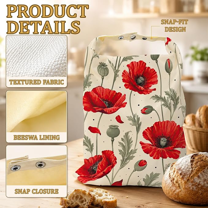 2 Pack Beeswax Red Poppy Bread Bags for Sourdough Homemade Breads, Reusable Beeswax Bread Floral Leaves Storage Bag, Keep Loaves Fresh Longer, Freezer Safe & Airtight, Zero Waste 17 x 13''