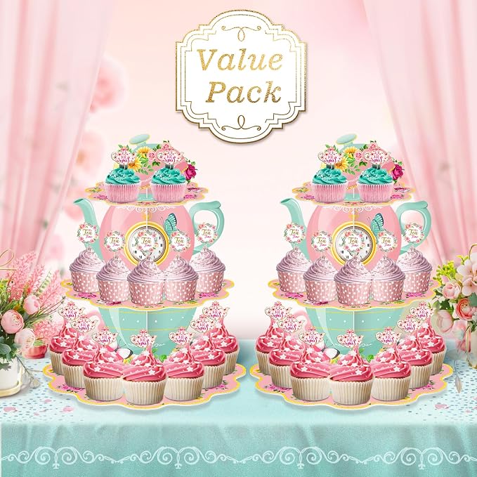 2 Pack Tea Party Cupcake Stands Birthday Decorations: 3-Tier Floral Afternoon Tea Time Theme Dessert Holder Cake Toppers for Adults Girls Kids Baby Bridal Shower Vintage Garden Princess Party Favors
